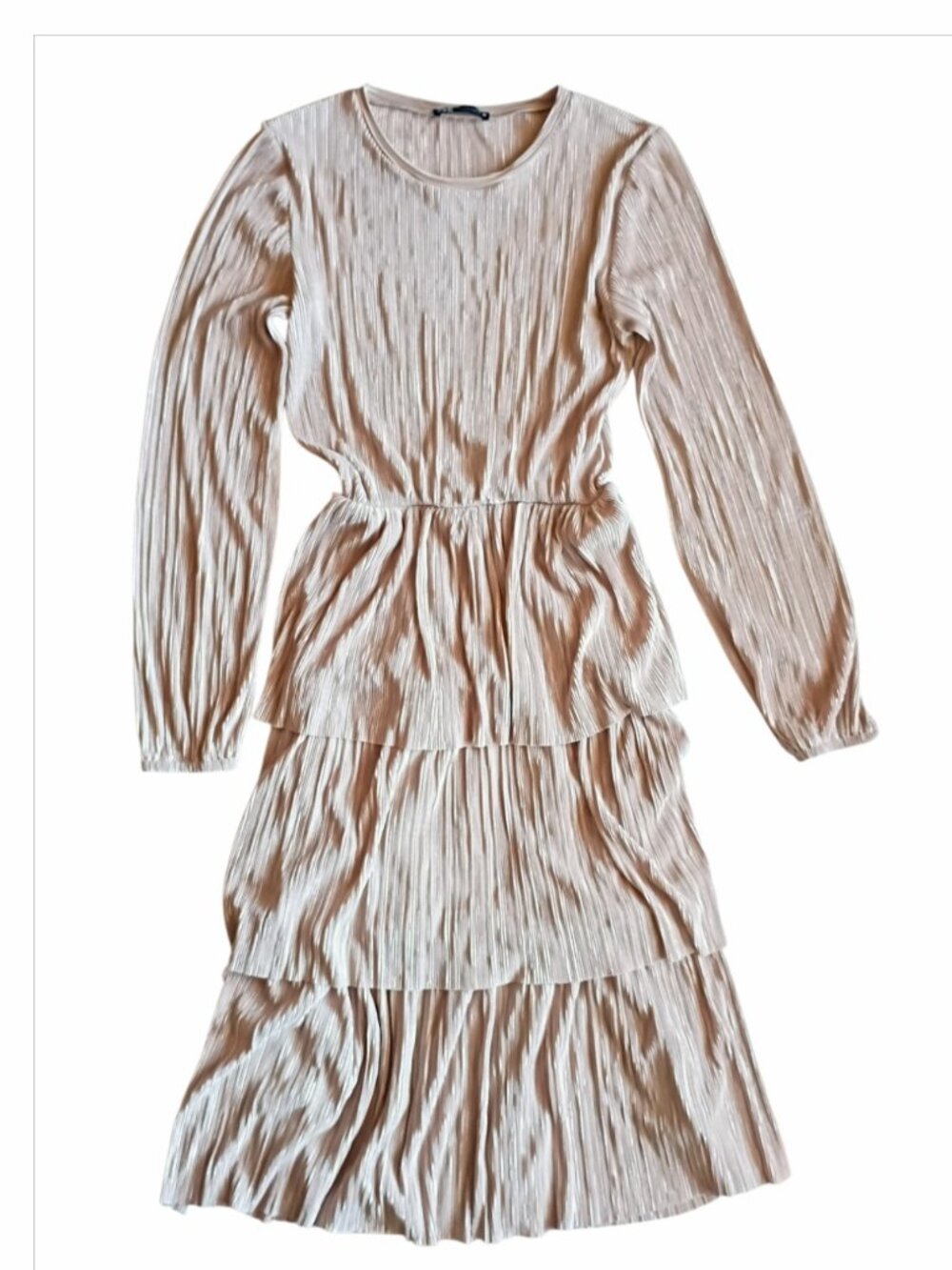 Zara Cream Long Sleeve Tiered Midi Dress